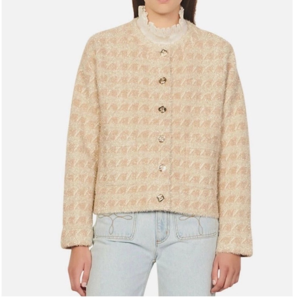 Sandro Maria Houndstooth Cardigan Gold Metallic Beige - Picture 3 of 9